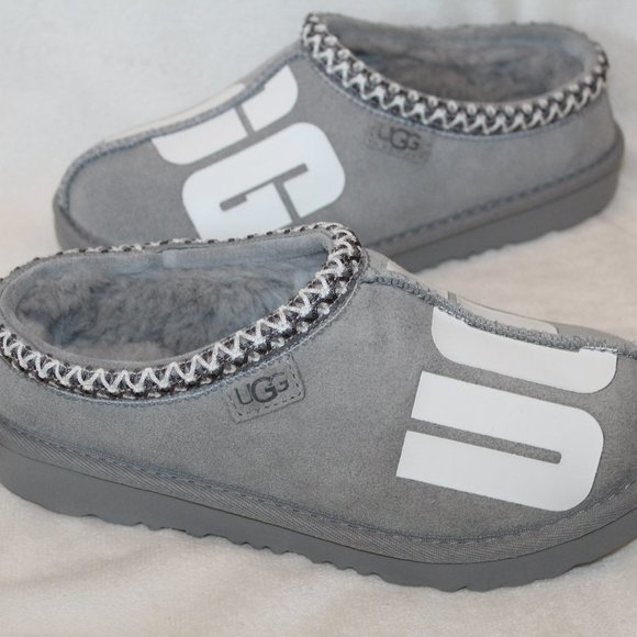 NIB UGG MEN'S TASMAN LOGO SUEDE SHEARLING SLIP‎ ON SLIPPERS GRAY - Picture 2 of 8